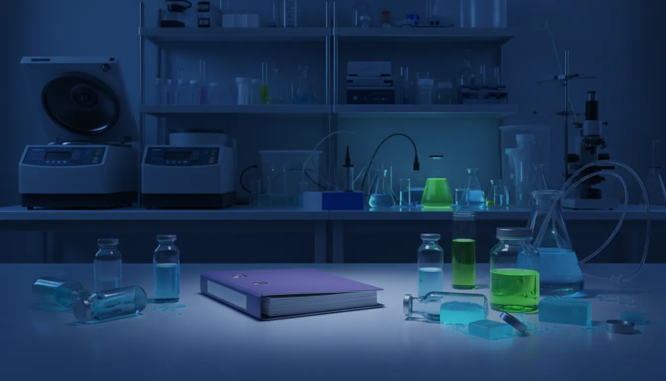 A mini-binder on a lab bench with protein samples in a dimly lit laboratory.