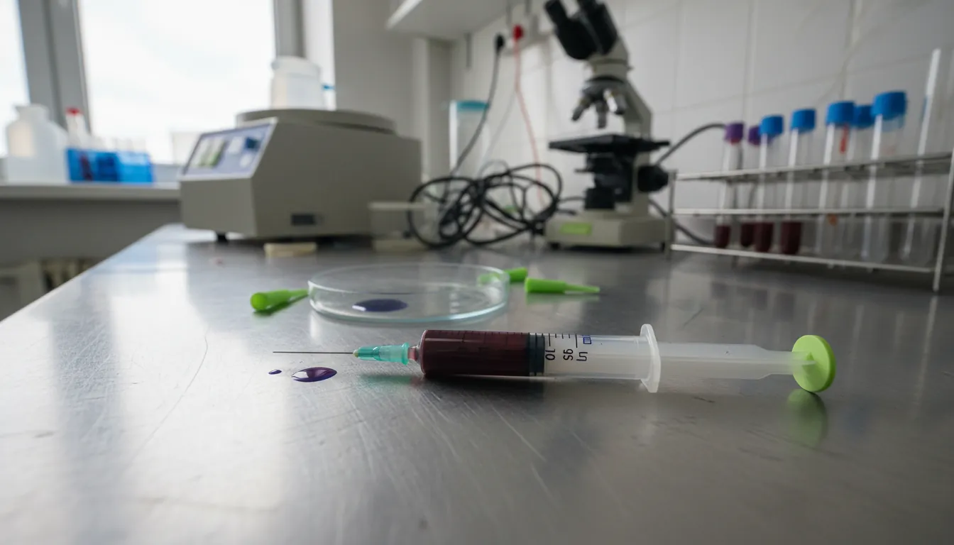 Syringe with blood sample in a clinical lab setting