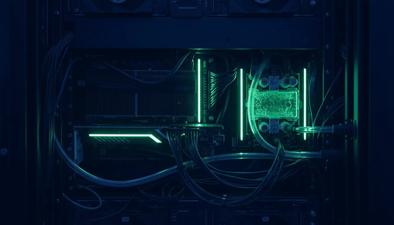 A high-performance GPU in a server rack in a dimly lit data center