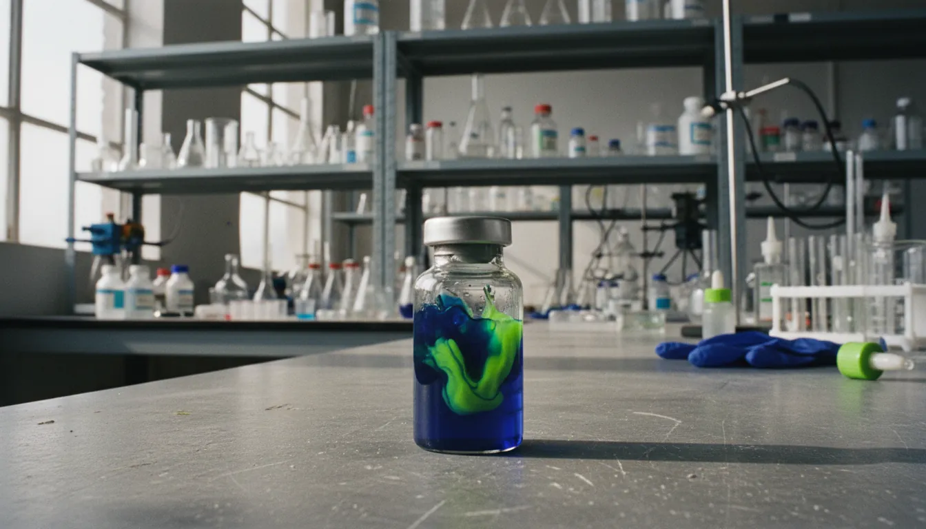 A drug compound in a glass vial on a lab bench with shelves of reagents in the background.