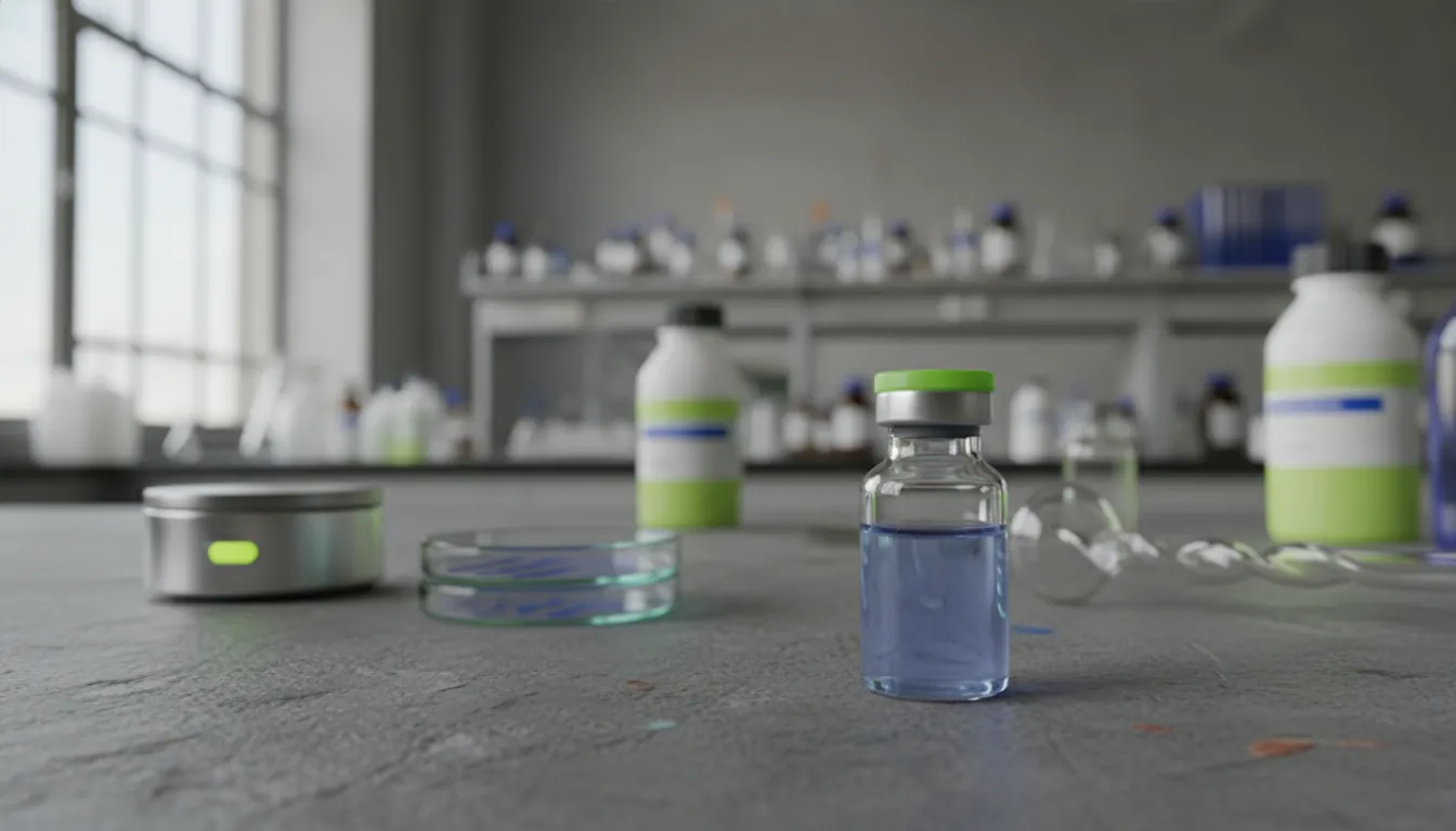 A vial of pharmaceutical compound in a lab setting