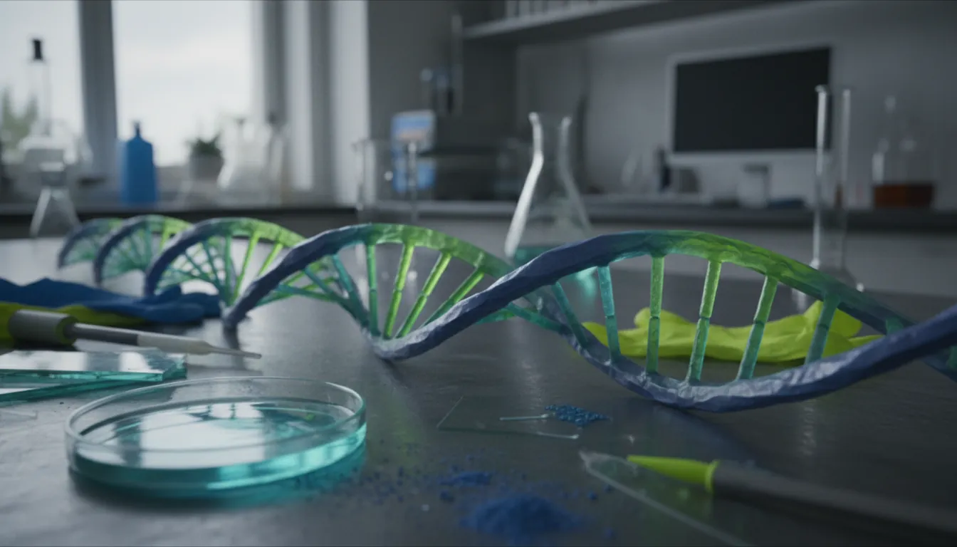 A close-up of a DNA strand on a lab bench in a biotechnology lab.