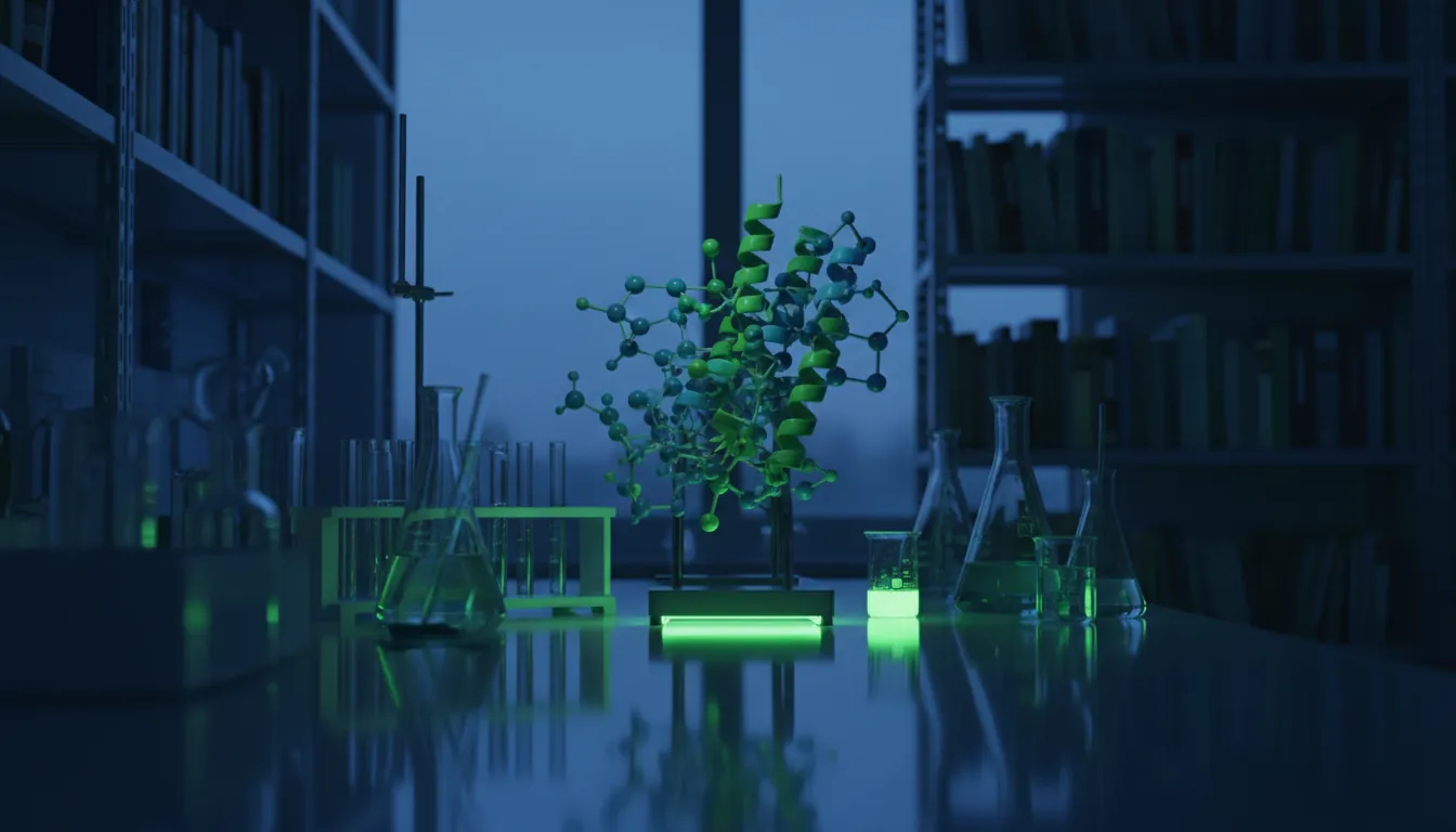 A protein model in a dimly lit lab, showcasing molecular structure.