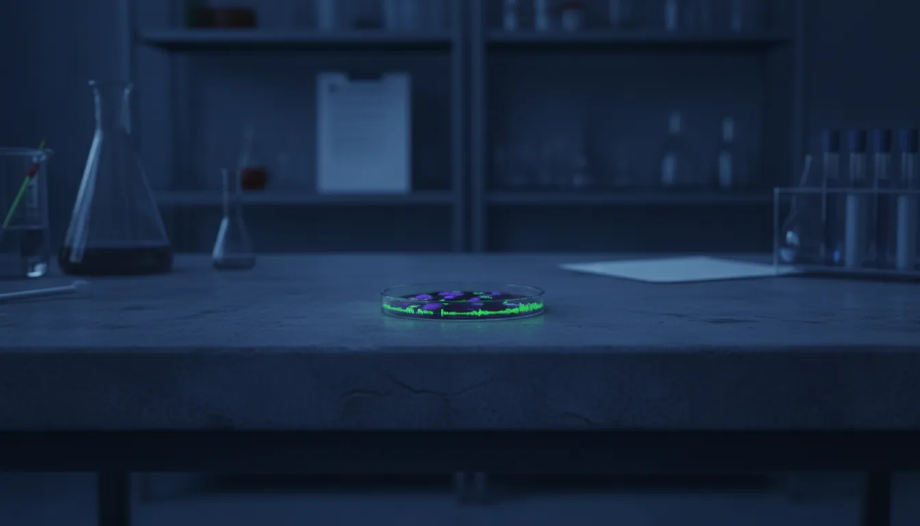 A biological sample on a lab bench in a dimly lit laboratory