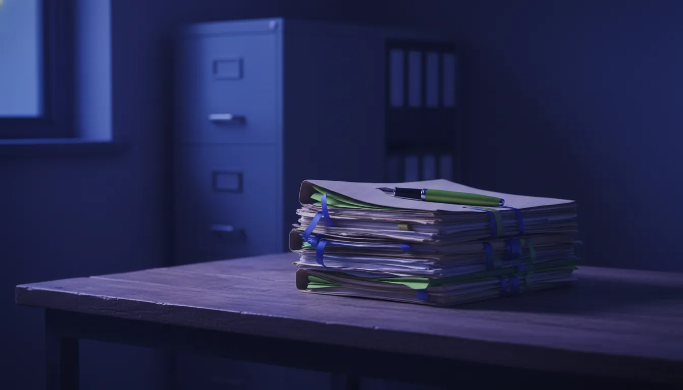 A stack of medical files on a desk with a pen, in a dimly lit office setting.