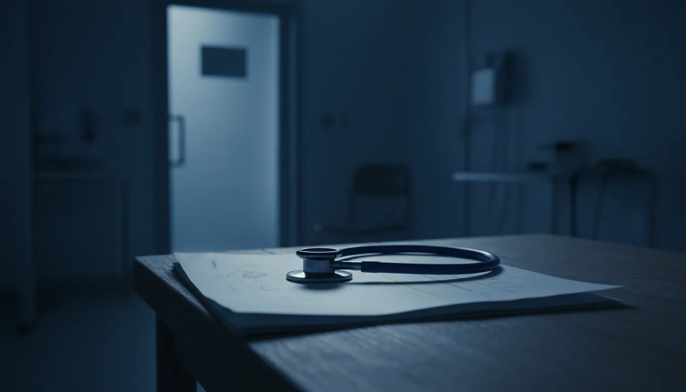 A stethoscope on a medical chart in a dimly lit examination room