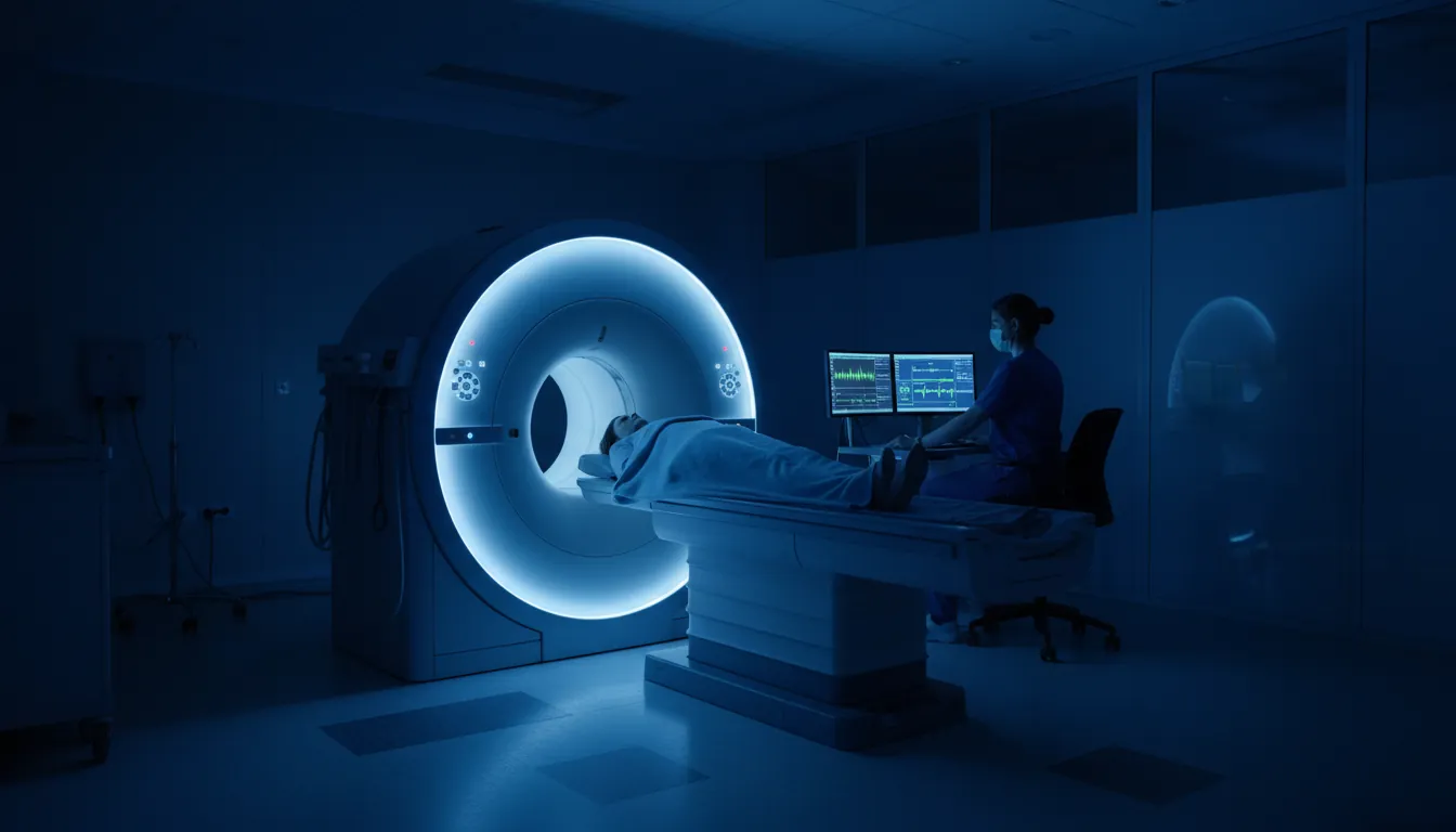 MRI machine in a hospital imaging room with a patient and technician