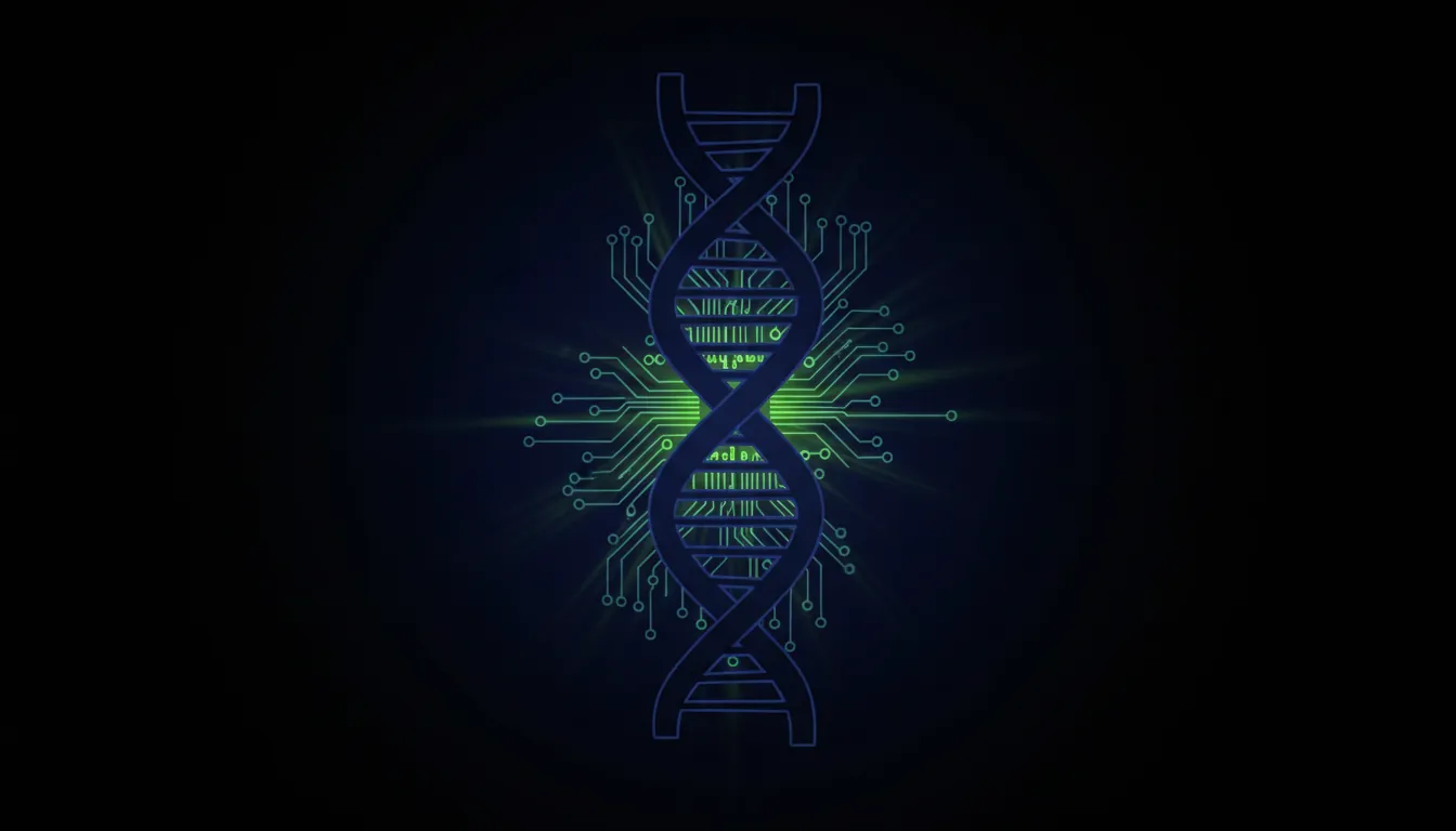 A minimalist illustration of a DNA helix and circuit board