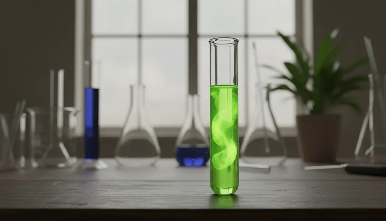 A test tube with a colorful liquid on a lab bench, symbolizing genetic medicine.