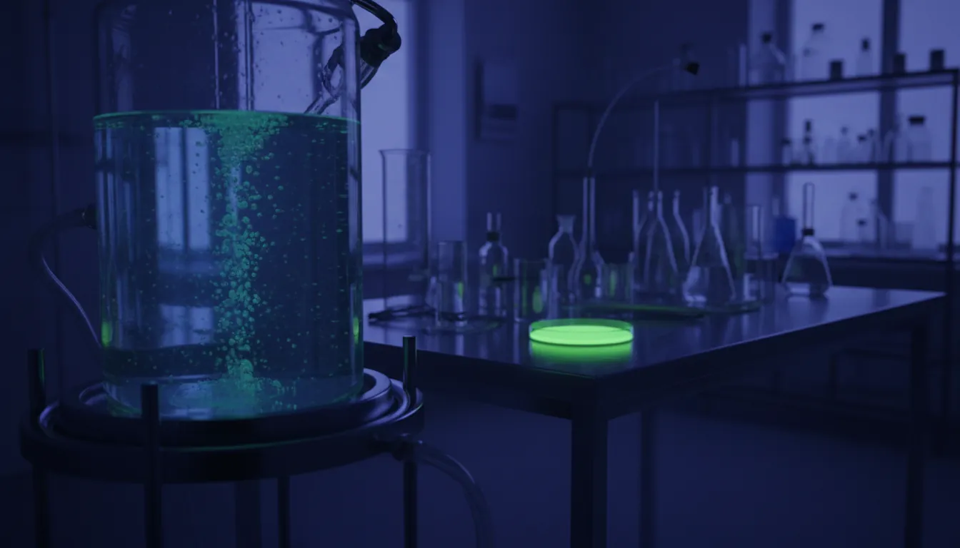 A bioreactor and petri dish in a dimly lit laboratory setting.