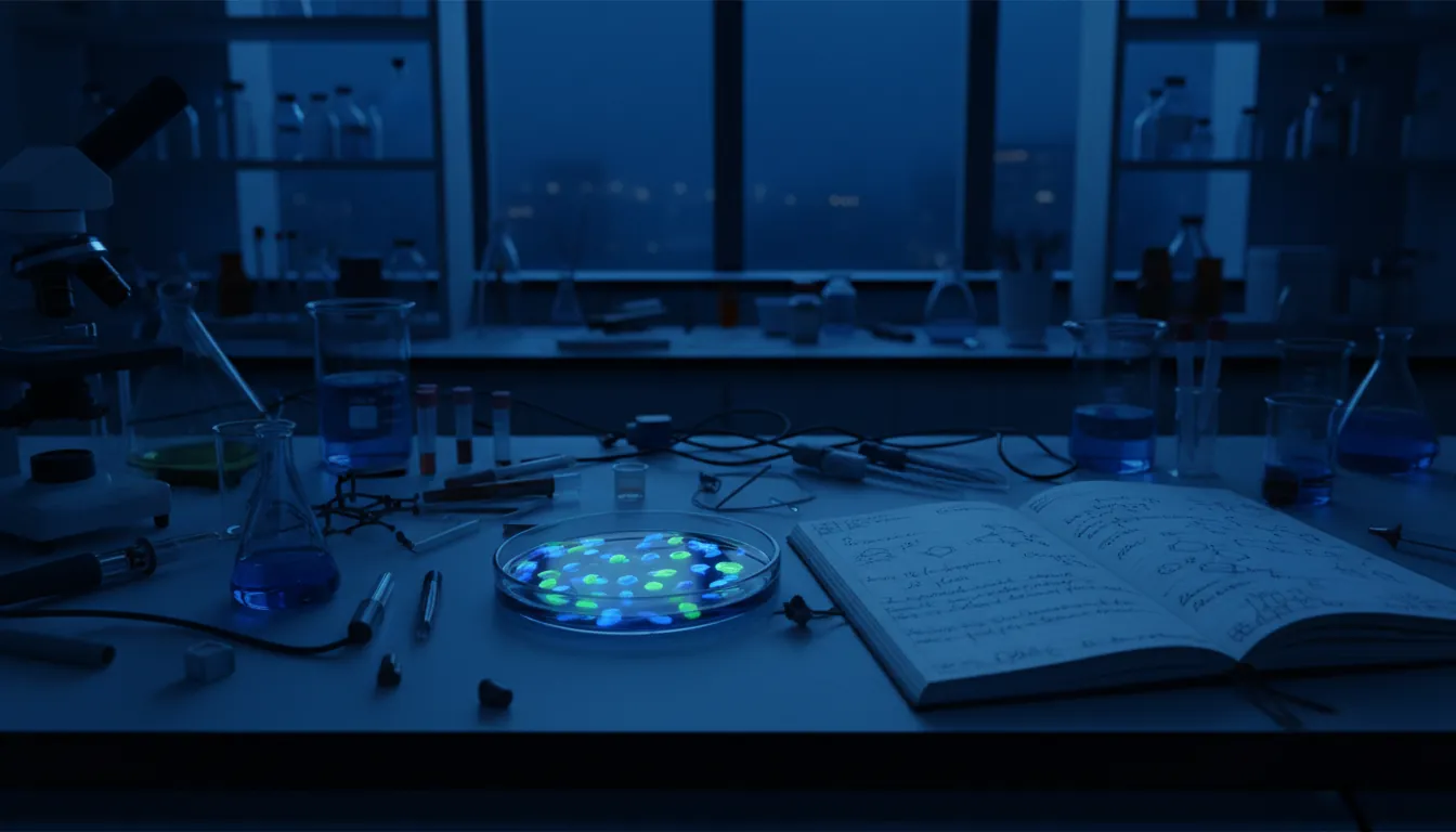 A petri dish with cultured cells and a research notebook in a dimly lit lab.