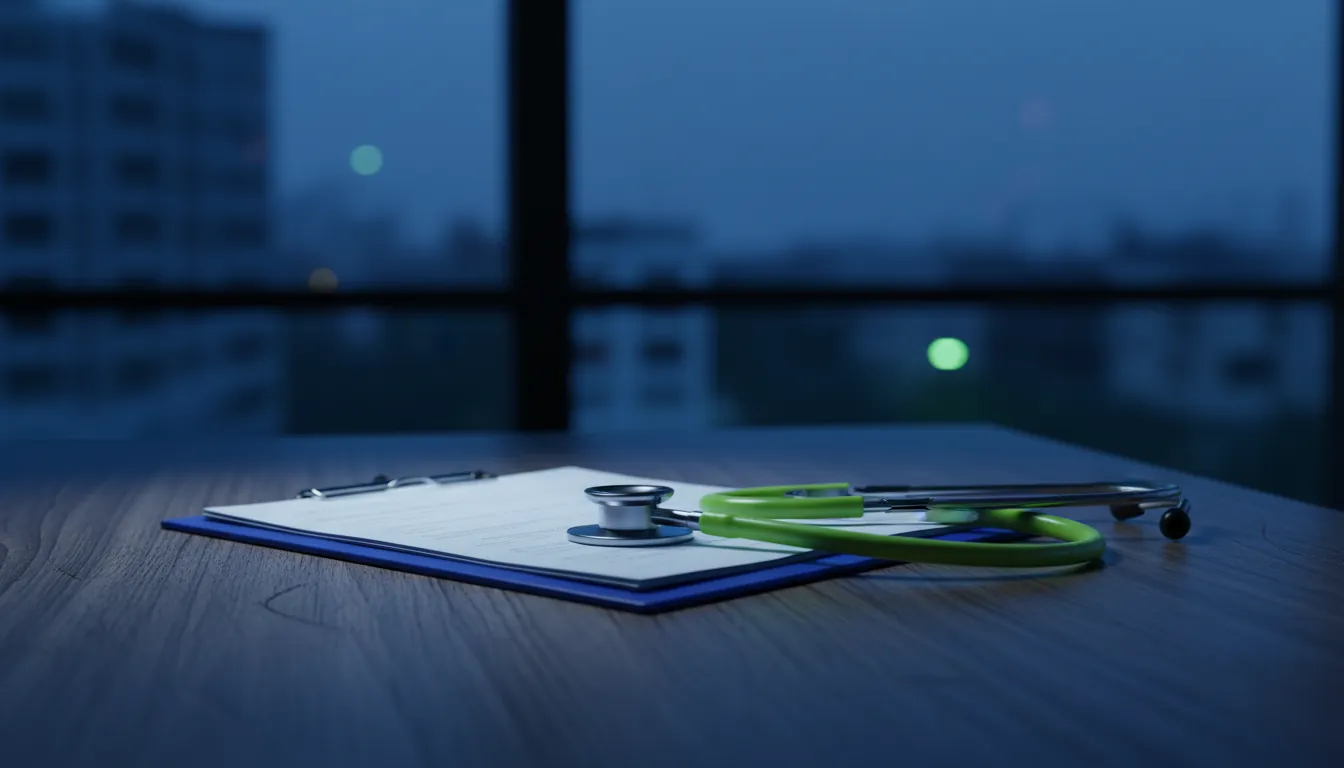 A medical chart and stethoscope on a desk in a dimly lit office