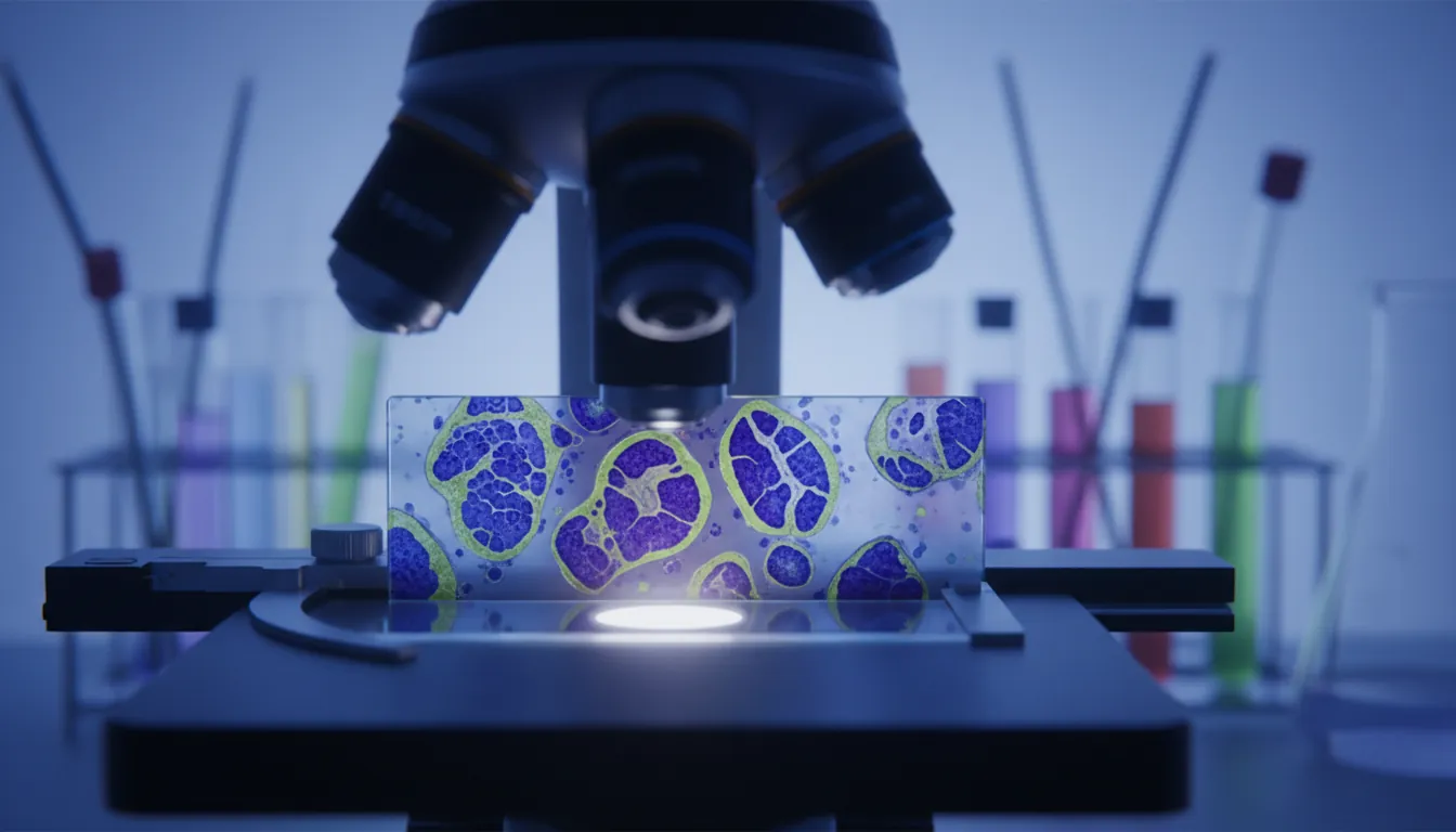 A cancer tissue sample on a microscope slide in a dimly lit lab
