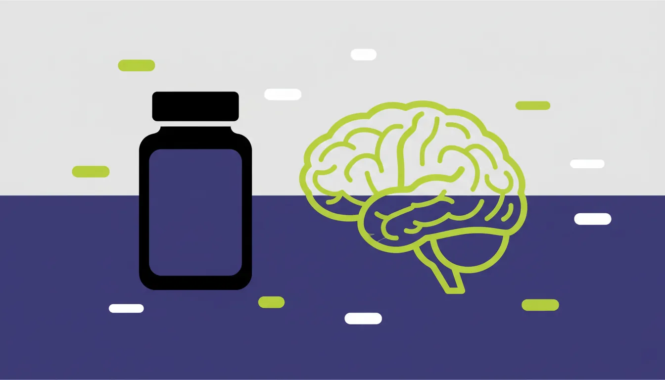 A minimalist illustration of a pill bottle and a brain on a solid background.