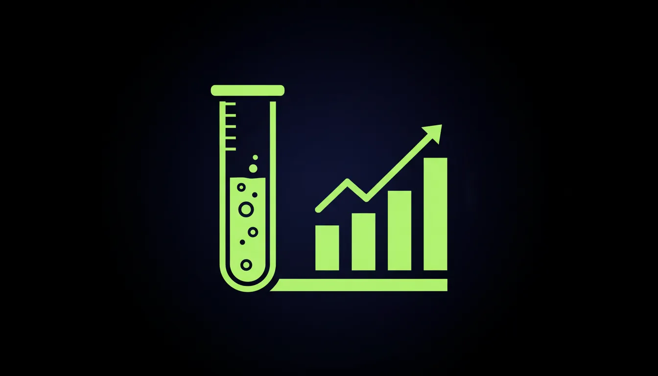 A minimalist illustration of a test tube and data chart in a dark color scheme.