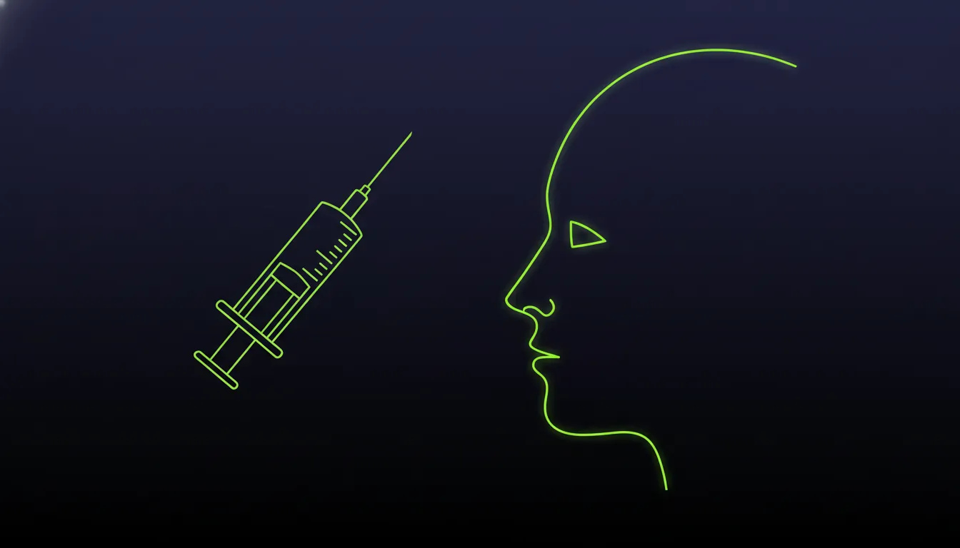 Minimalist illustration of a syringe and facial silhouette in dark colors.