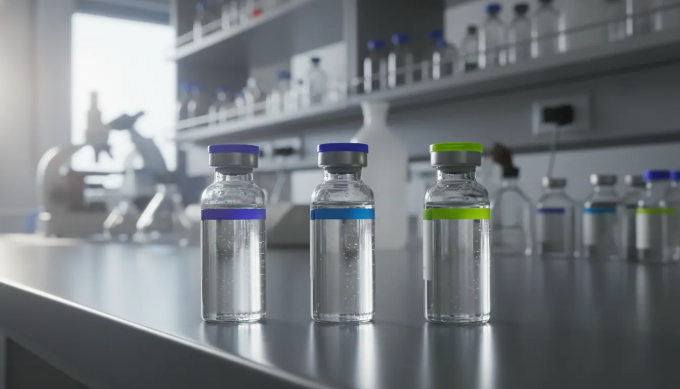 Close-up of biologics vials in a lab setting