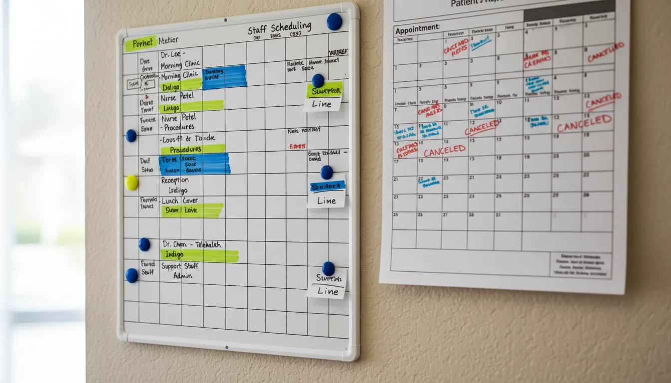 A scheduling board in an outpatient clinic with patient appointments.