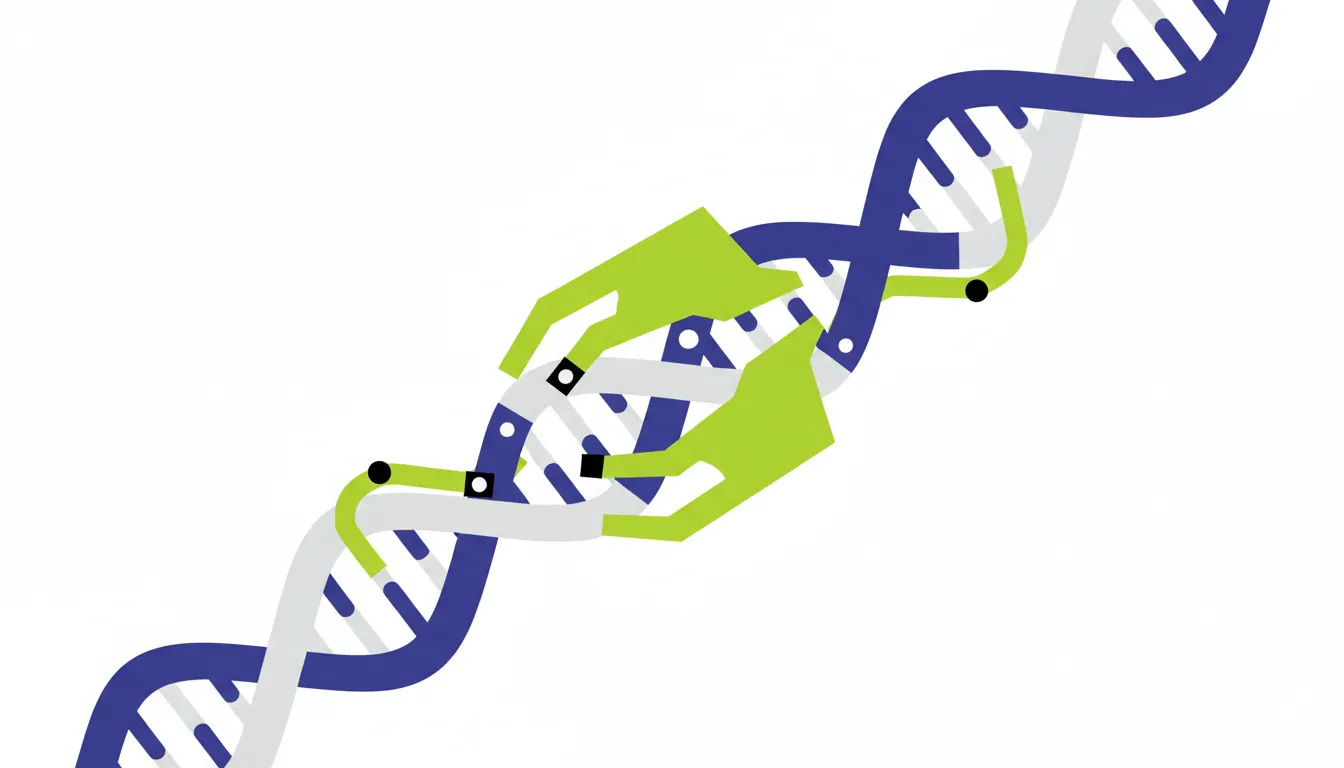A flat illustration of a DNA strand and recombinase enzyme
