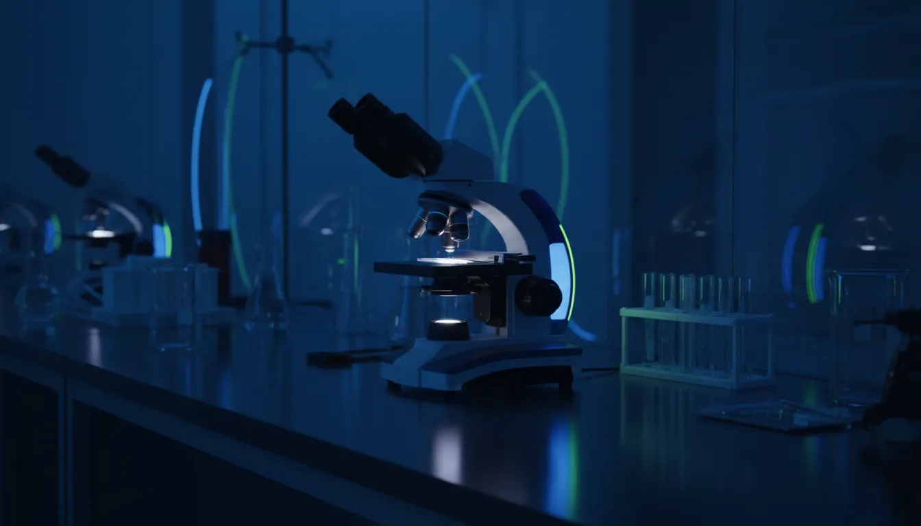 A microscope and glass slide in a dimly lit lab