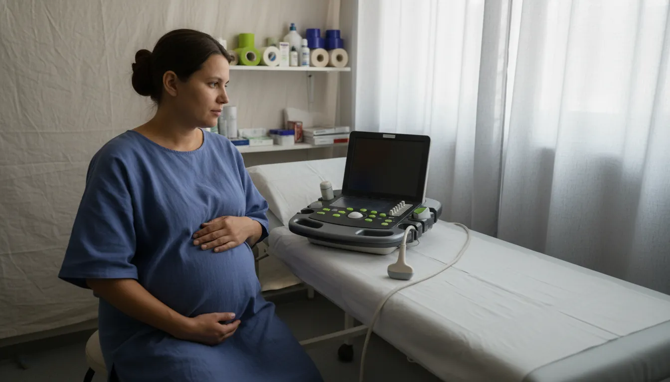 A pregnant woman in a clinical setting with an ultrasound device.