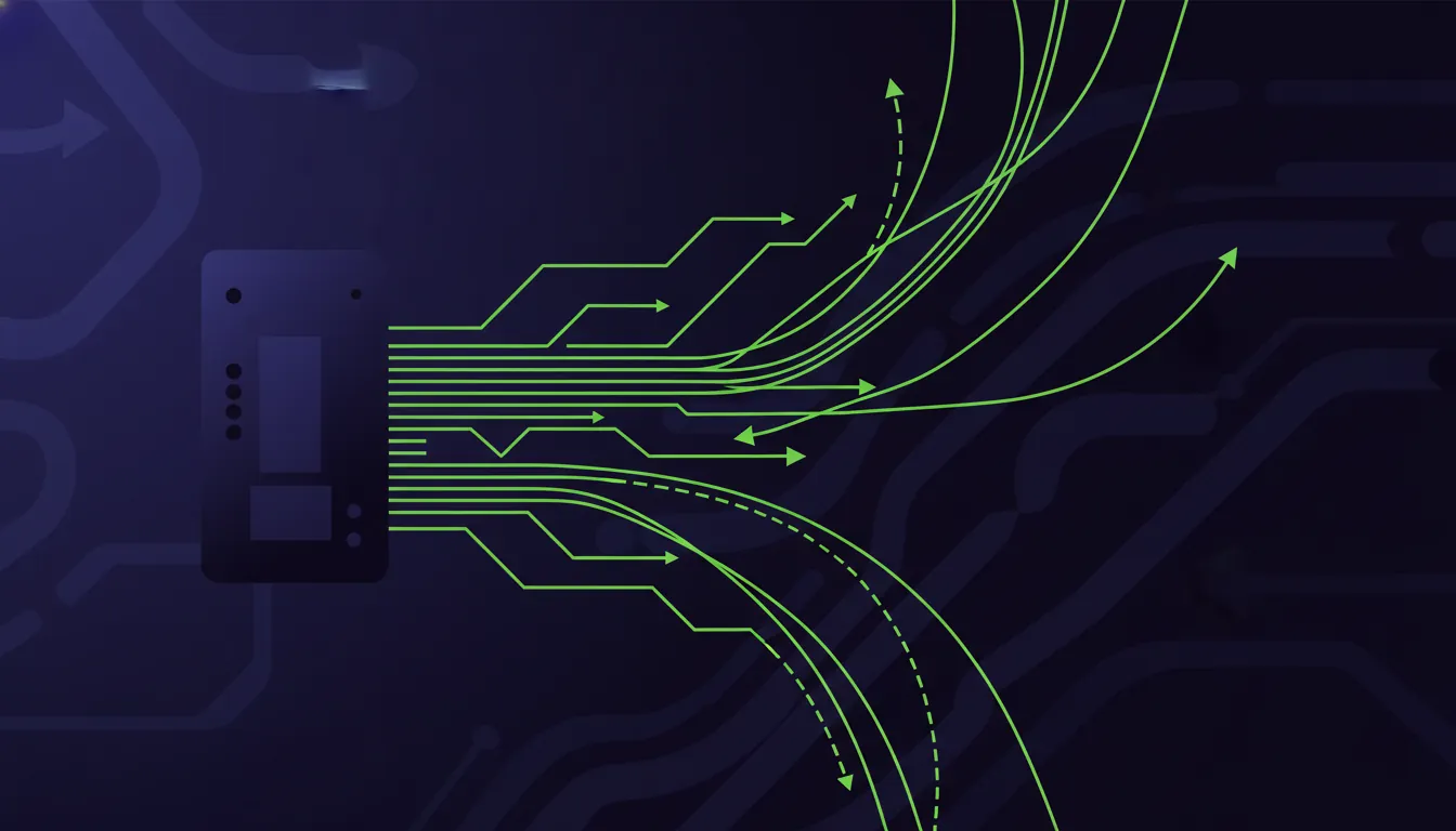 Minimalist illustration of a test sample and data flow in a dark palette