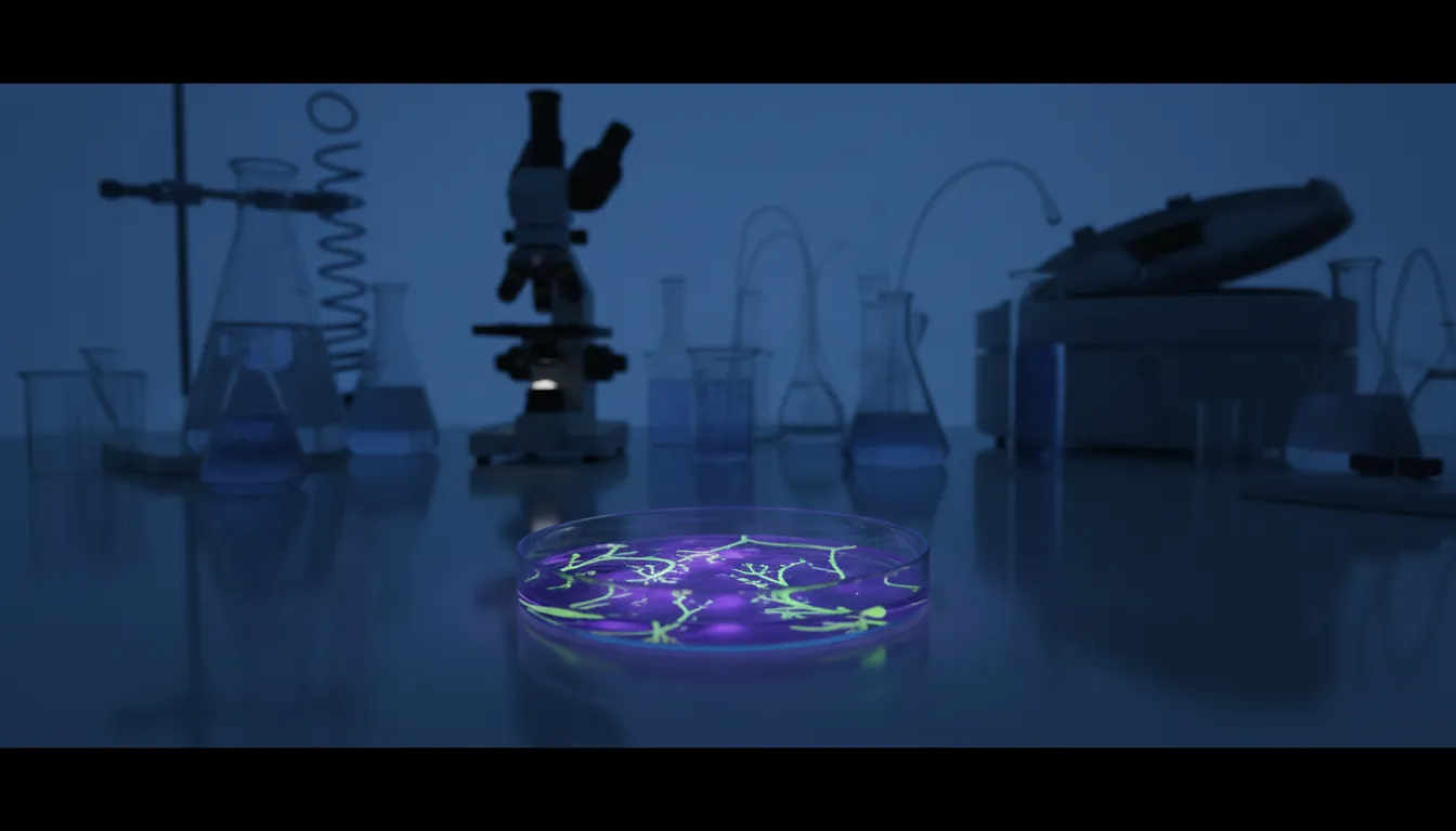 Petri dish with cultured cells in a dimly lit lab