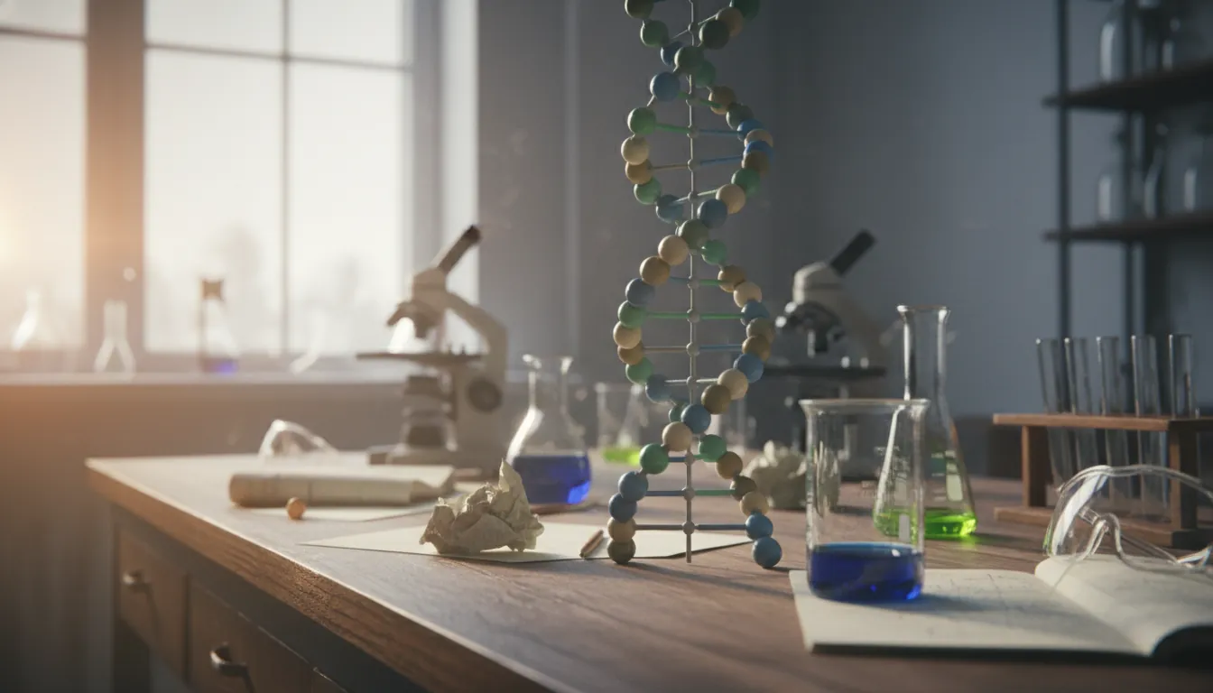 A DNA model on a lab bench in a biochemistry lab
