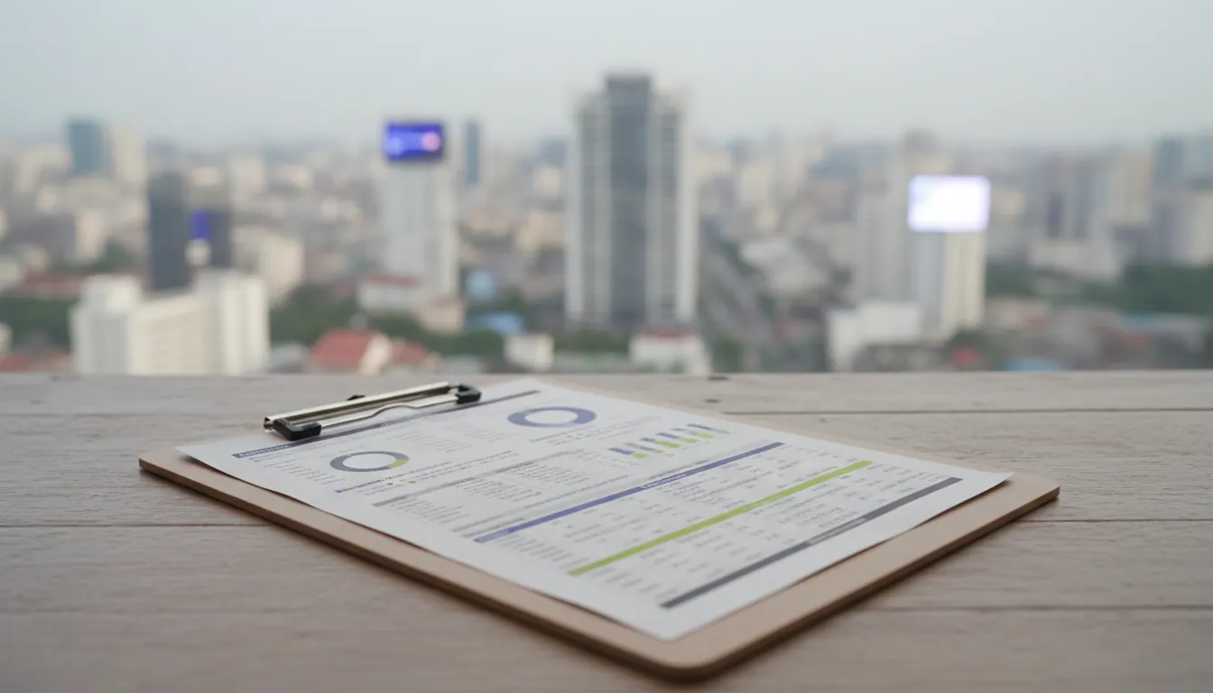 A clipboard with a healthcare report on a desk with a city view