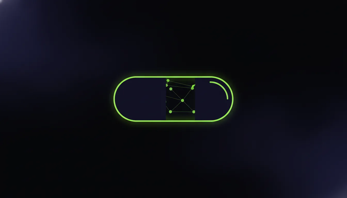 Minimalist illustration of a small molecule in pill form on a dark background.