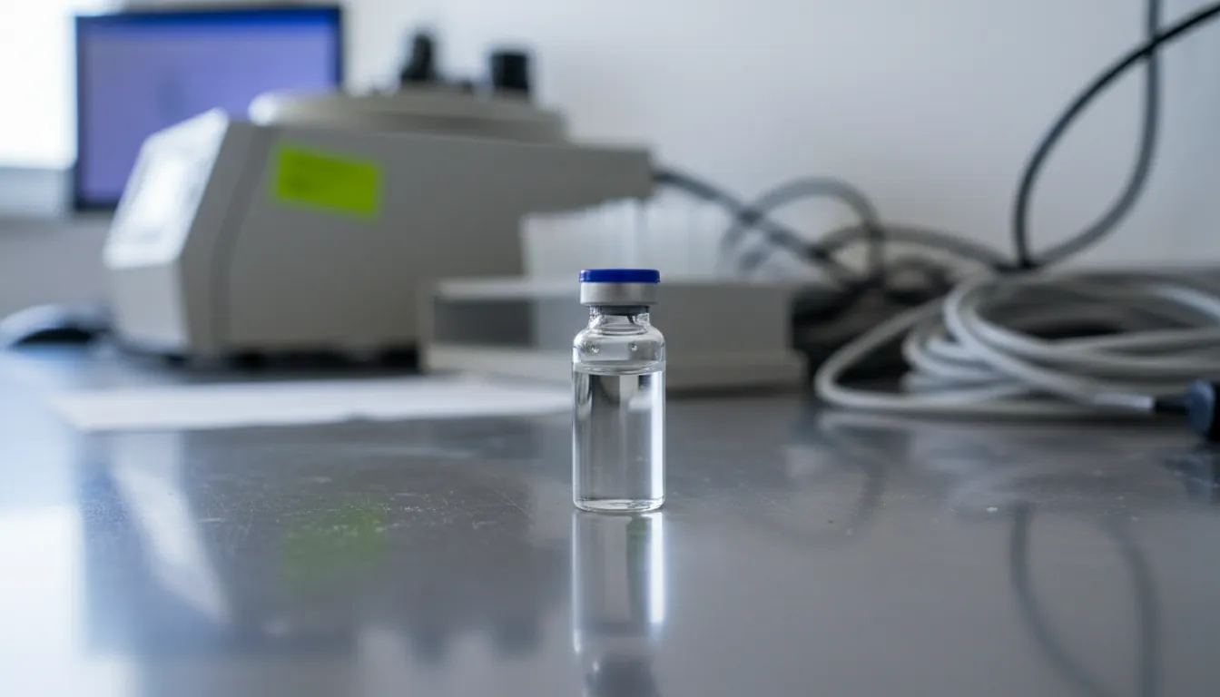 A vial of proteomics sample on a laboratory bench with equipment in the background.