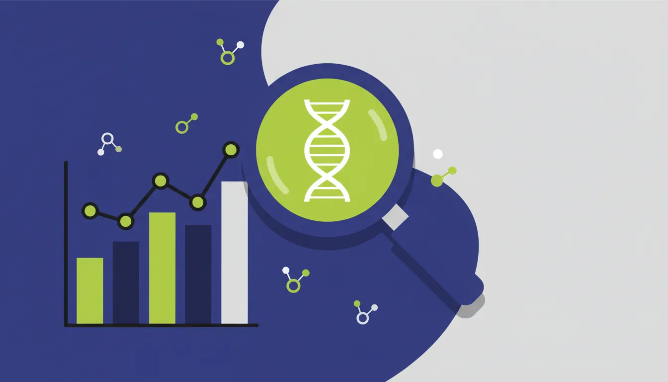 A minimalist illustration of a data chart and magnifying glass representing analytics in life sciences.