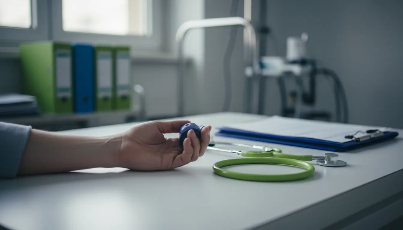 A patient's hand on a clinical examination table with a stethoscope nearby.