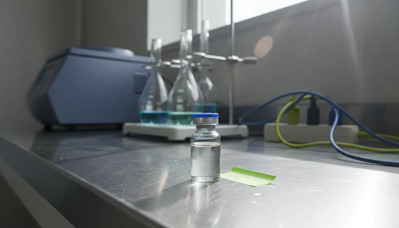 A vial of medication on a lab bench in a pharmaceutical lab
