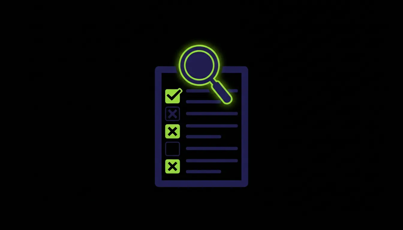 A minimalist illustration of a compliance checklist and a magnifying glass, symbolizing AI compliance in life sciences.