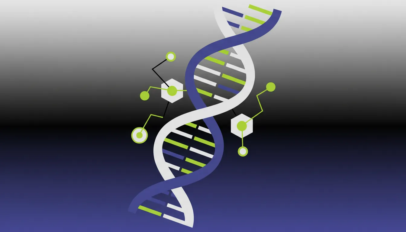 Flat illustration of a DNA strand and AI molecule