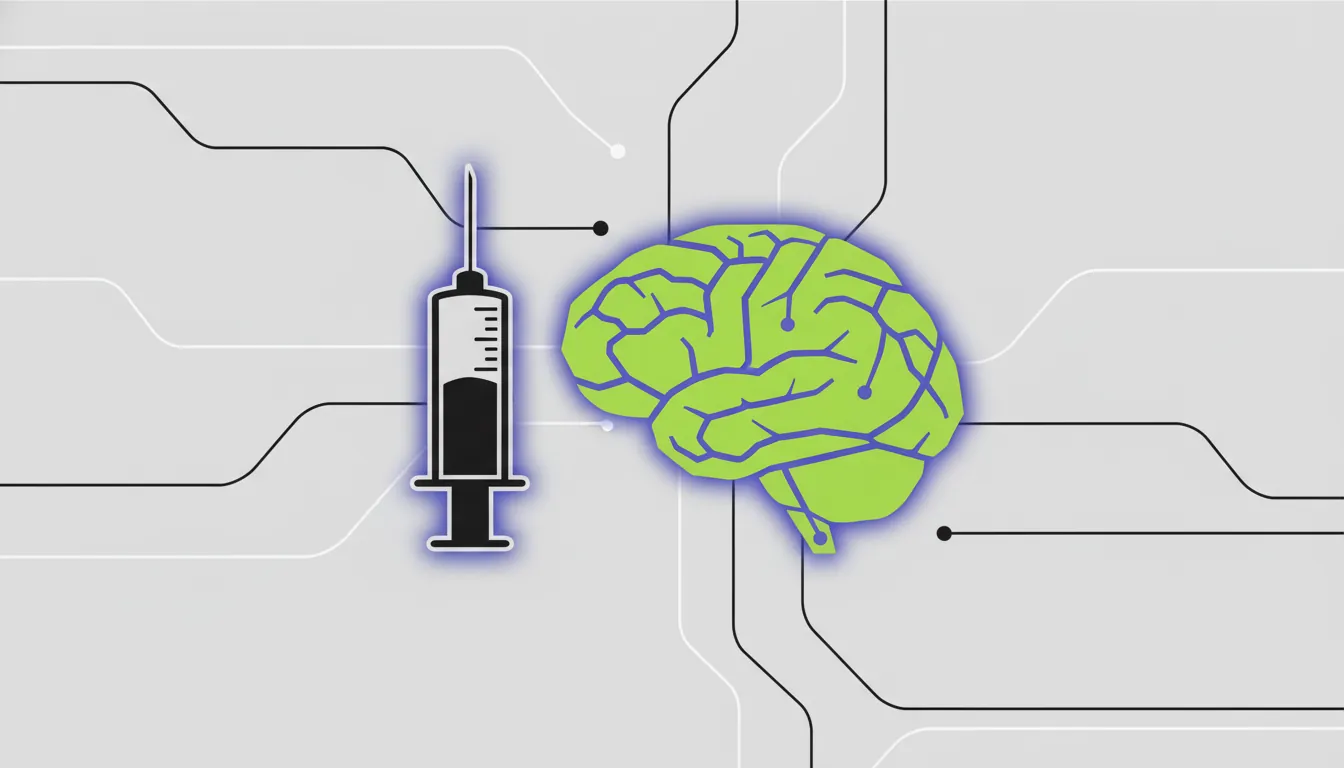A minimalist illustration of a syringe and an AI brain on a light gray background.