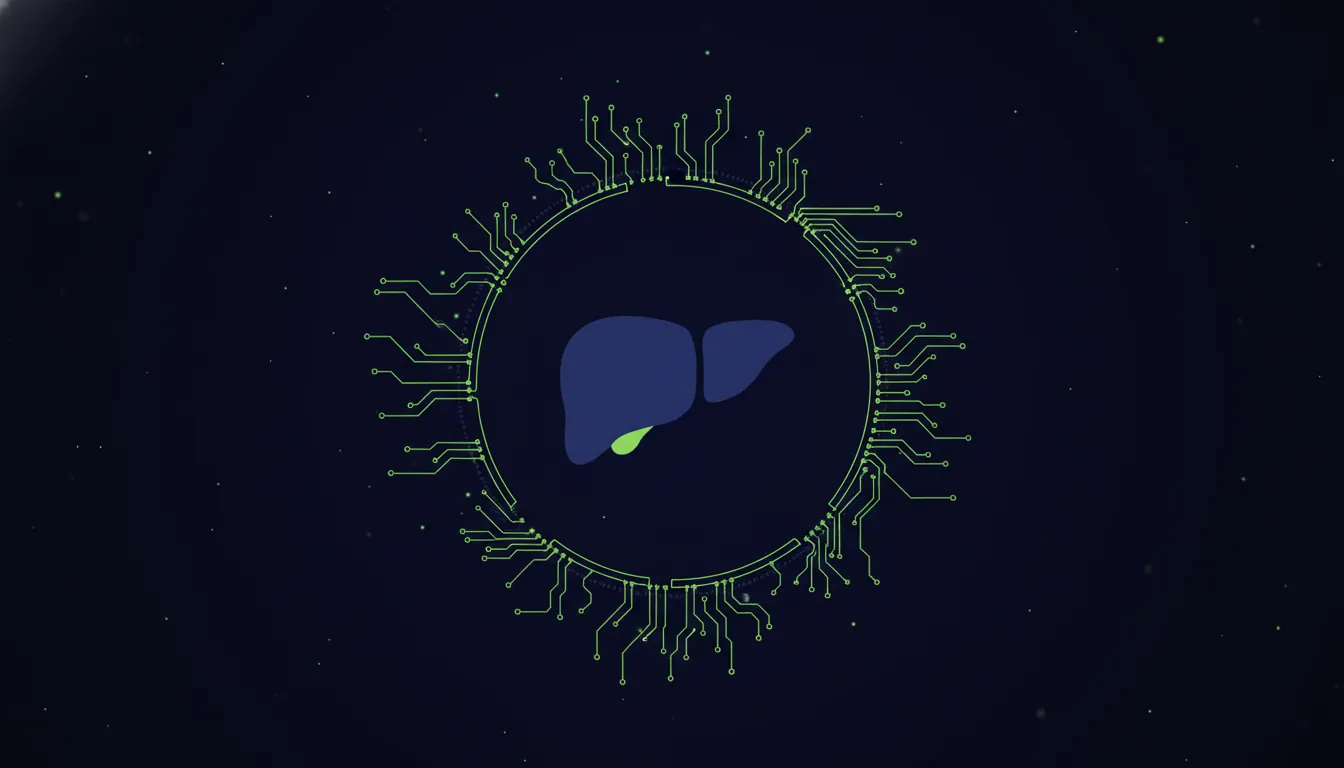 Minimalist illustration of a liver with AI circuit outlines