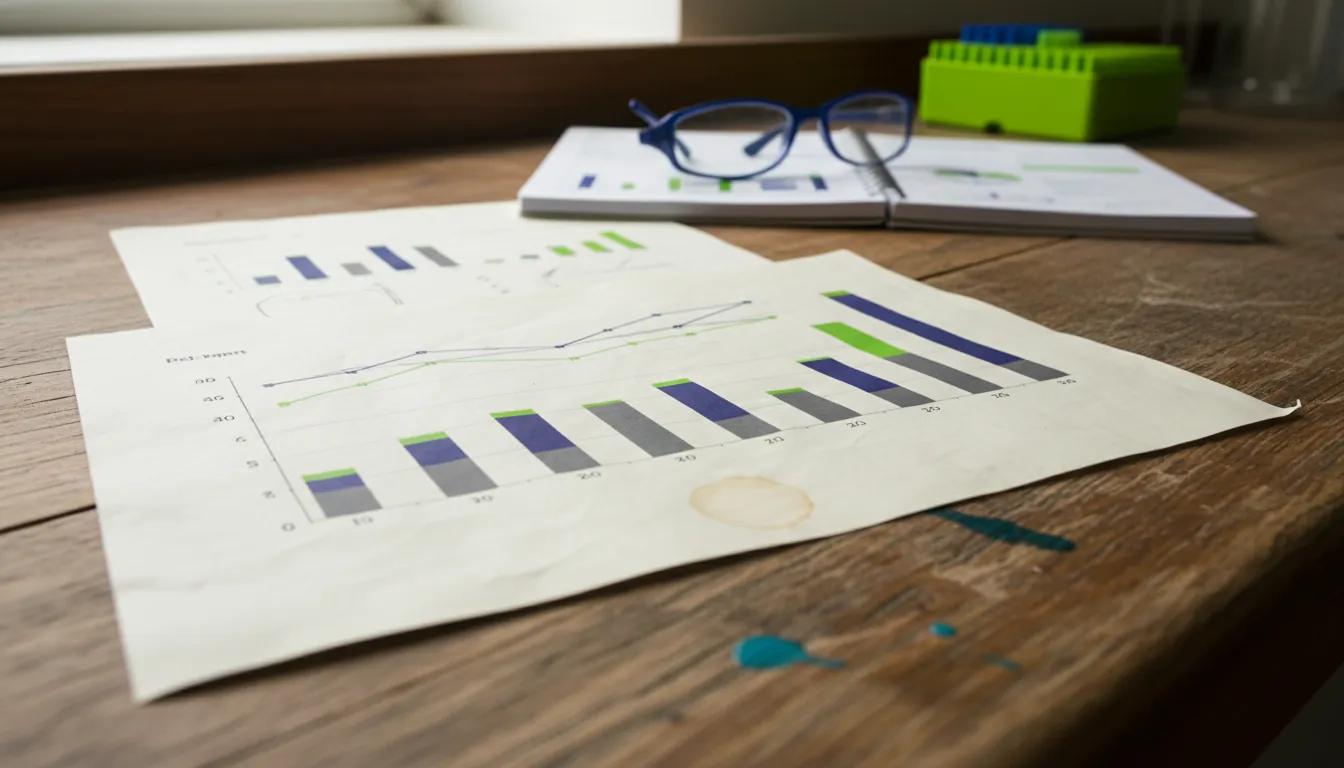 A clinical data report on a lab bench with a notebook in the background.