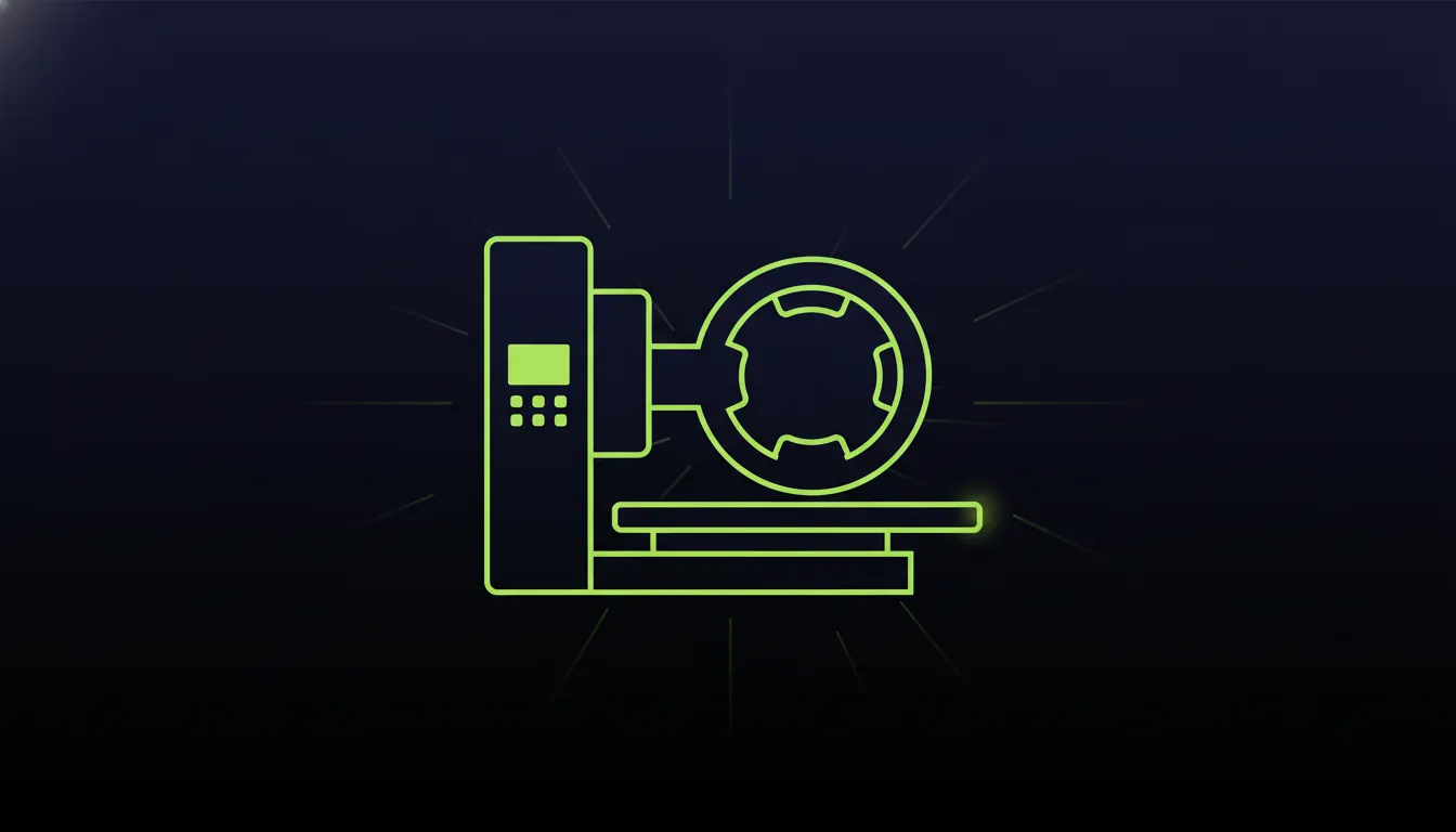 A minimalist illustration of an x-ray machine on a dark background.