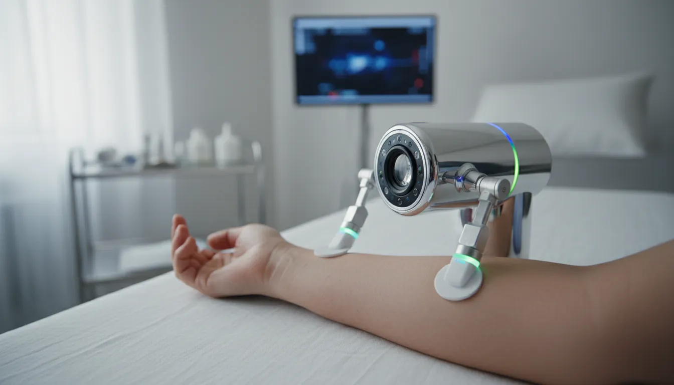 A robotic skin imaging device next to a patient's arm in a clinical setting.