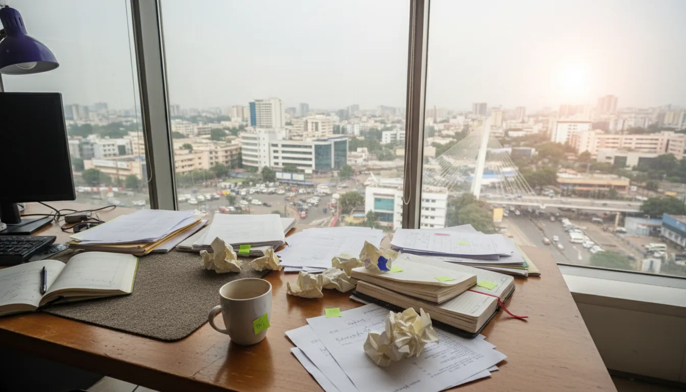 An office desk with research documents in a modern Hyderabad office