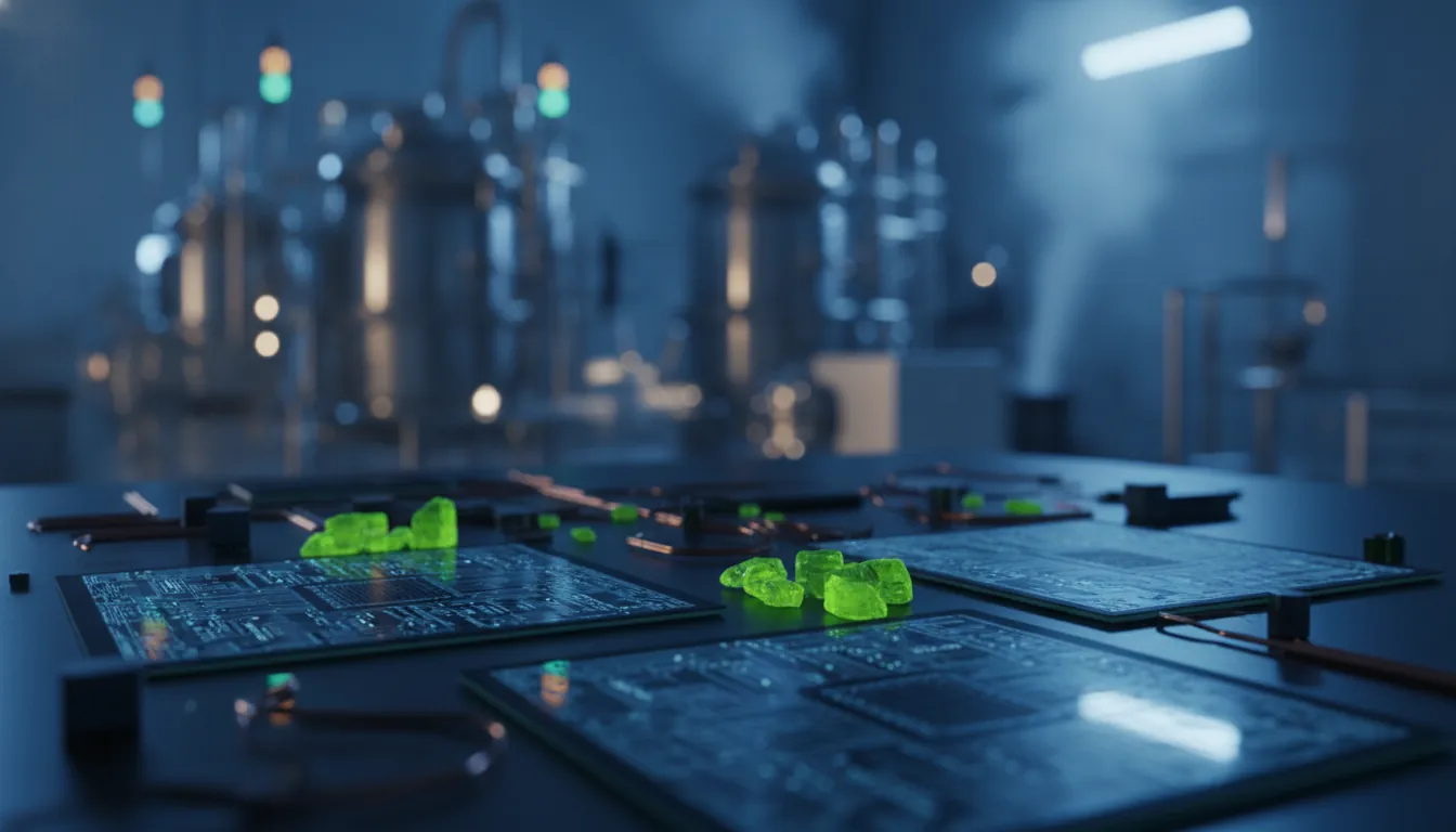 A close-up of semiconductor materials in a dimly lit lab setting, highlighting the intricate textures and colors.