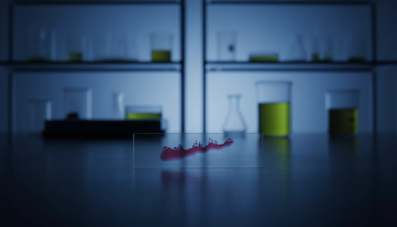 A microscope slide with a blood sample on a dark lab table, softly illuminated in a clinical setting.