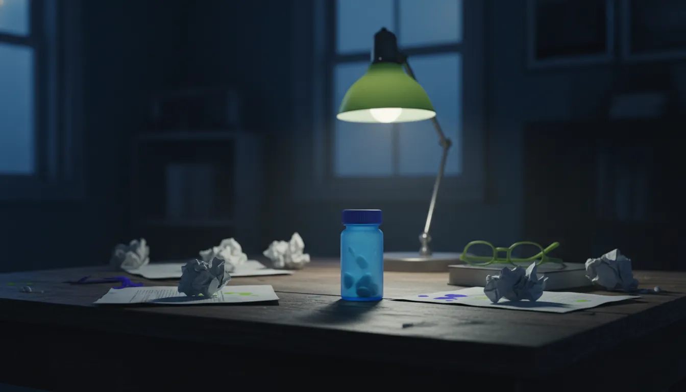A pill bottle on a desk in a dimly lit office