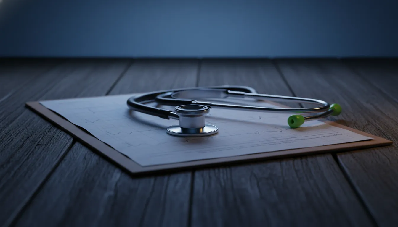 A stethoscope on a medical chart in a dimly lit room