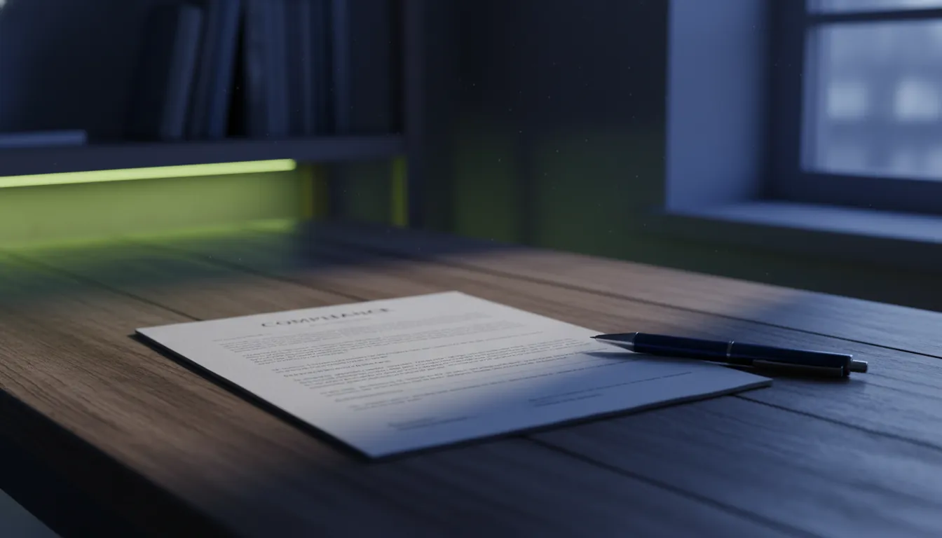 A compliance document and pen on a wooden desk in a dimly lit office.