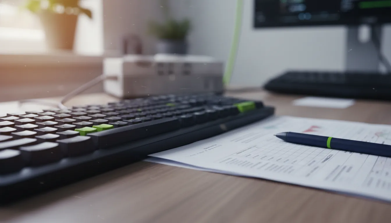 A close-up of a computer keyboard with a medical report in a healthcare office