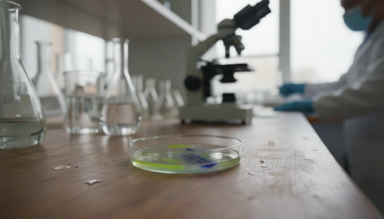 A protein sample in a petri dish on a lab bench with a microscope in the background.