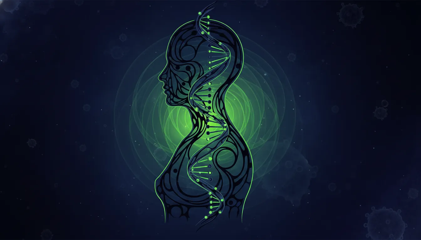 A minimalist representation of human longevity science with a human silhouette and DNA strand.